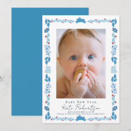 Blå kanin folkkonst Baby Nyår Fotokort Inbjudningar