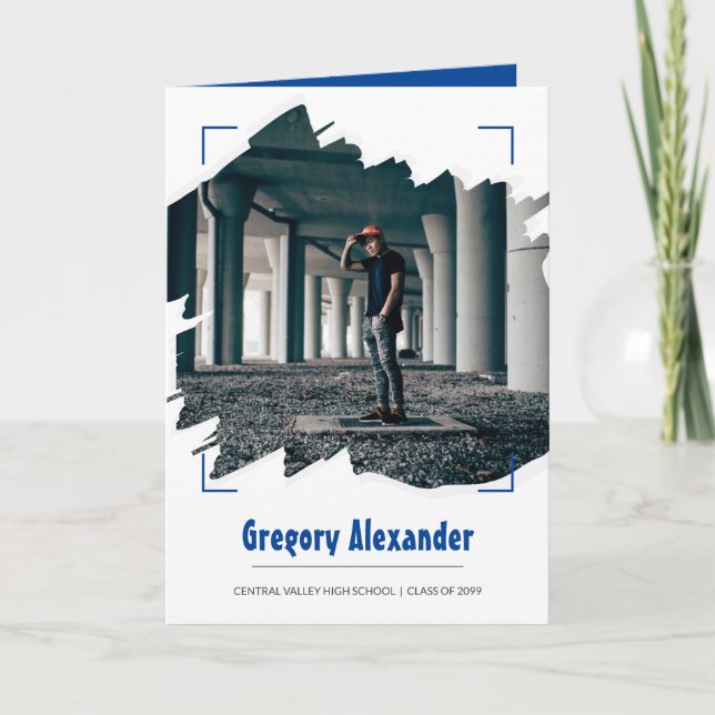 Blå Kantig Abstrakt Penseldrag Foto Examen Inbjudan (Framsida)