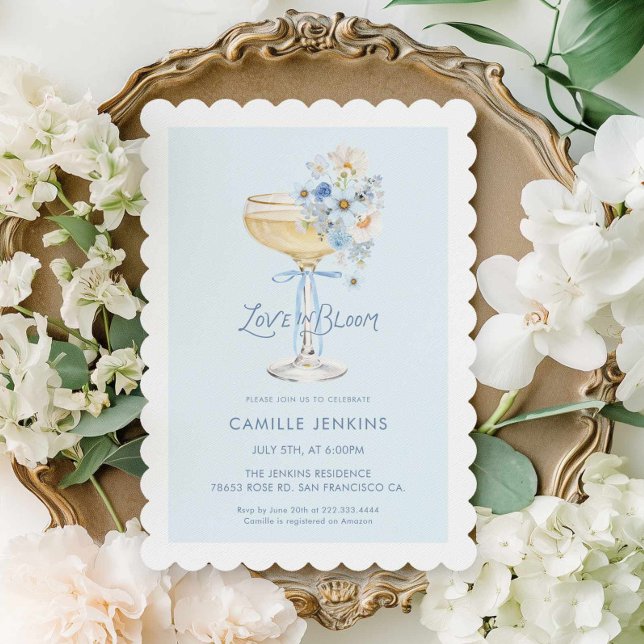 Blå Kärlek i Blommande Champagne Bröllopsfest Inbj Inbjudningar (Blue Champagne Brunch Love in Bloom Bridal Shower Invitation)