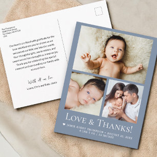 Blå Kärlek och Tack Baby Foto Födelse meddelande Vykort