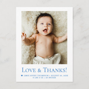 Blå kärlek och tack Baby Foto Födelse tillkännagiv Vykort
