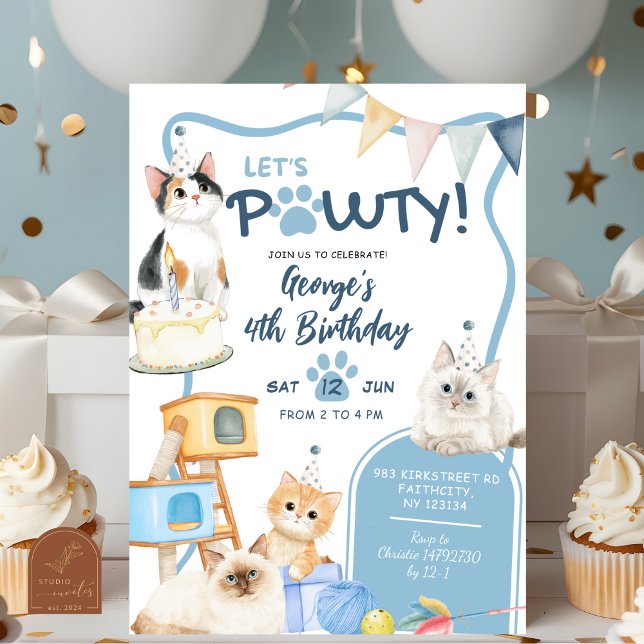 Blå katt låter Pawty Boy födelsedagsinbjudan Inbjudningar (Skapare uppladdad)