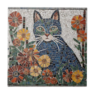 Blå katt med blommor, täckt mosaik kakelplatta
