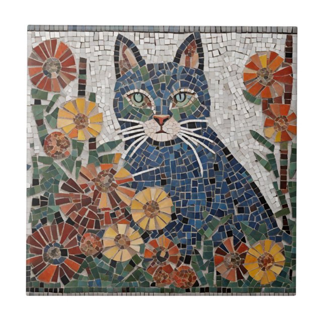 Blå katt med blommor, täckt mosaik kakelplatta (Framsidan)