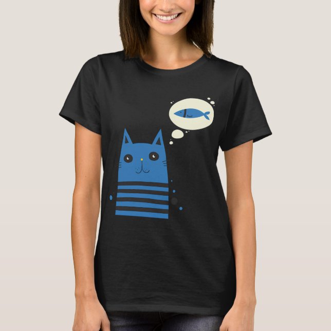 Blå katt med fisk i tankarna t shirt (Framsida)