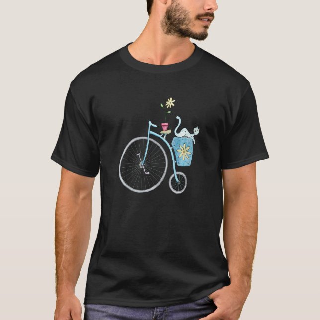 Blå Katt På Gammal Cykel T Shirt (Framsida)