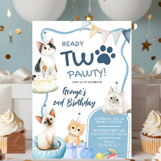 Blå Katt Redo Två Pawty 2-års Födelsedagsinbjudan Inbjudningar (Skapare uppladdad)