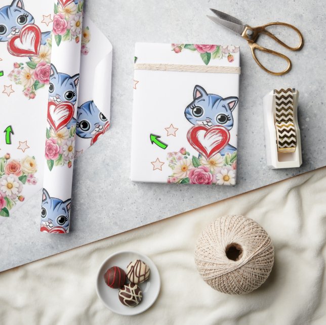 Blå Katt Rött Hjärta Blommigt Presentpapper  (Hantverk)