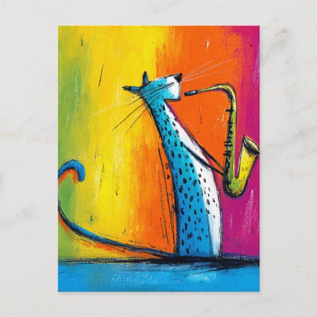 Blå katt som spelar en saxofon vykort (Framsida)