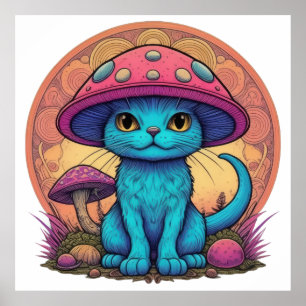 Blå katt under Mushroom Hat Poster