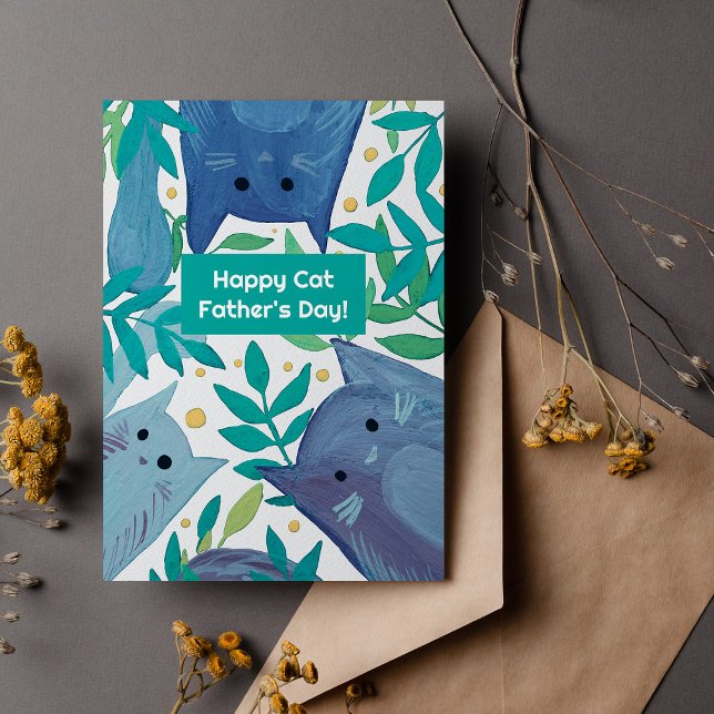 Blå katter & grenar Glad födelsedag till kattpappo Julkort (Skapare uppladdad)