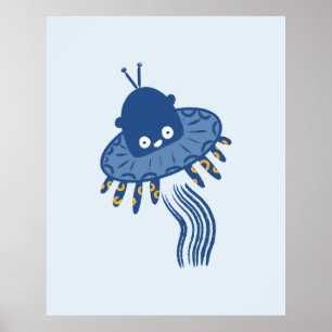 Blå Kawaii Bläckfisk UFO Poster