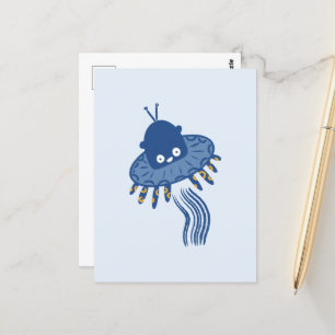 Blå Kawaii Bläckfisk UFO Vykort