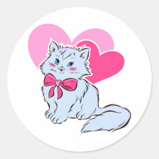 Blå Kawaii Katt Med Rosa Band & Hjärtan Runt Klistermärke