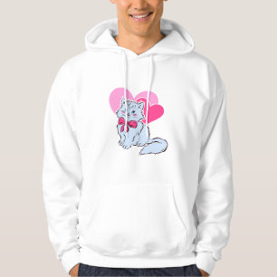 Blå Kawaii Katt Med Rosa Rosett & Hjärtan Hoodie