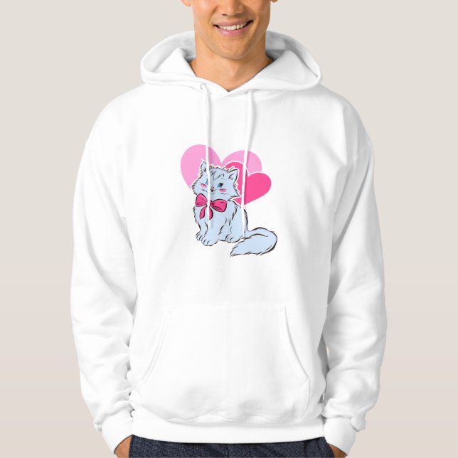 Blå Kawaii Katt Med Rosa Rosett & Hjärtan Hoodie (Framsida)