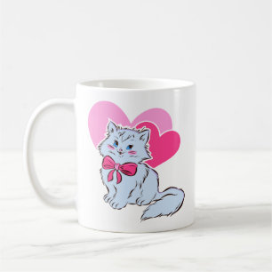 Blå Kawaii Katt Med Rosa Rosett & Hjärtan Kaffemugg