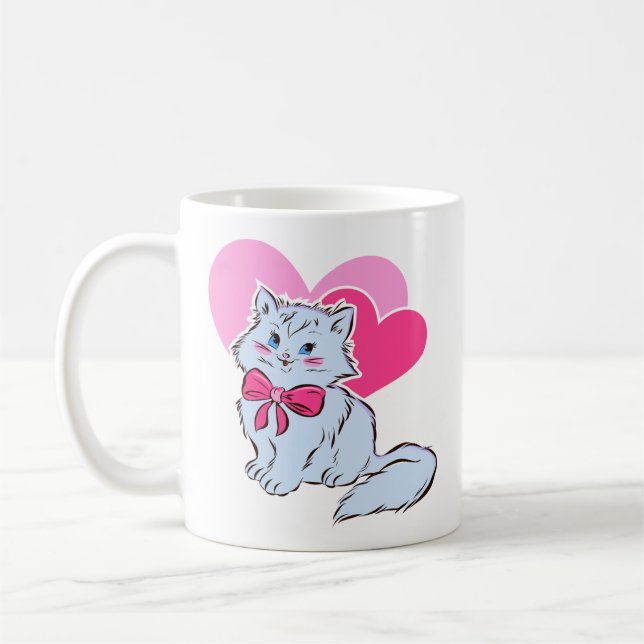 Blå Kawaii Katt Med Rosa Rosett & Hjärtan Kaffemugg (Vänster)