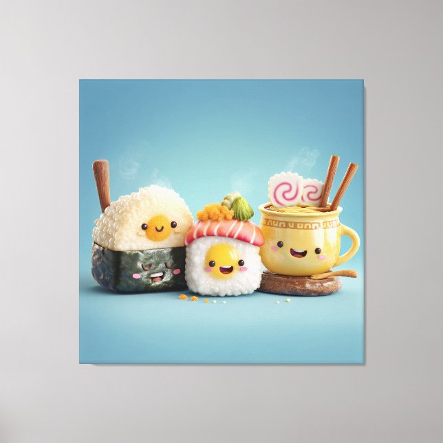 Blå Kawaii Sushi Trio Canvastryck (Framsida)