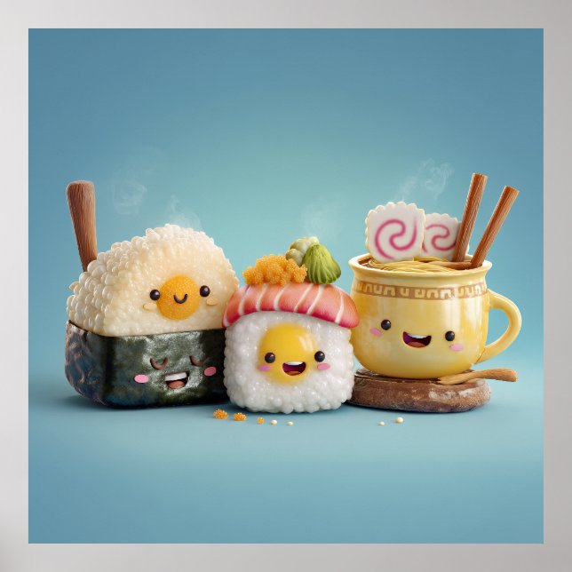 Blå Kawaii Sushi Trio Poster (Framsidan)