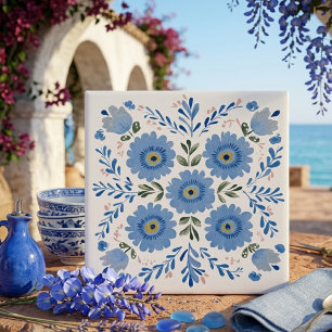 Blå keramisk flis med folklig blomsterdekor kakelplatta