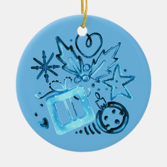 Blå keramisk julgransprydnad med present keramik (Framsidan)