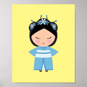 Blå Kimono Japansk Docka Poster