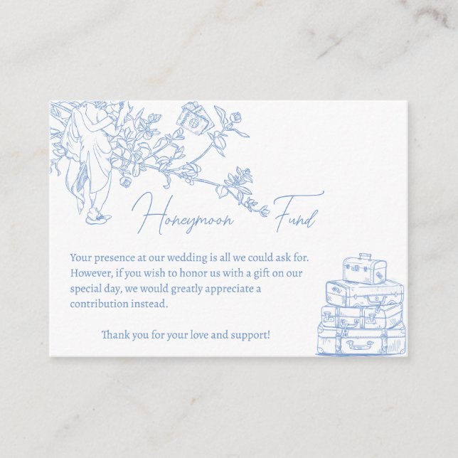 Blå kinoiserie Toile Honeymoon Fund Wishing well Tilläggskort (Framsida)