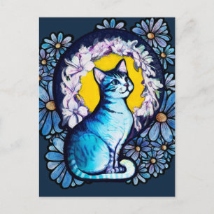 Blå Kitty Katt Gloria Mycket Stil Blommig Vykort