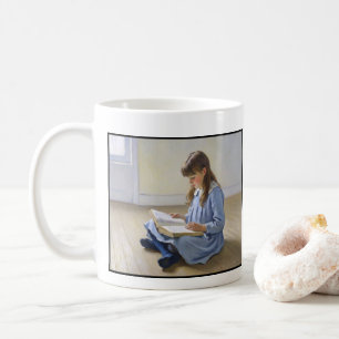 Blå klänning flicka läser bok lärare uppskattning kaffemugg