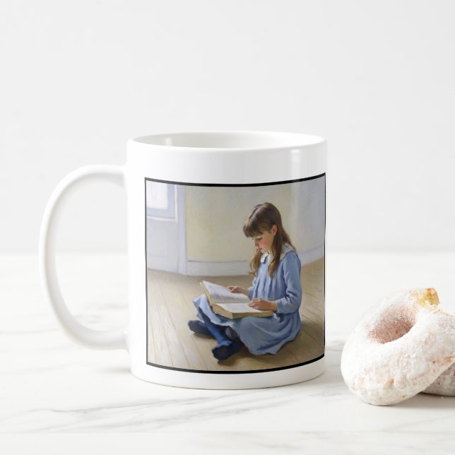 Blå klänning flicka läser bok lärare uppskattning kaffemugg (Med munk)