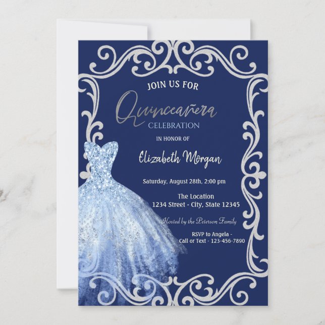 Blå klänning Glitterram Blå Quinceañera  Inbjudningar (Framsida)