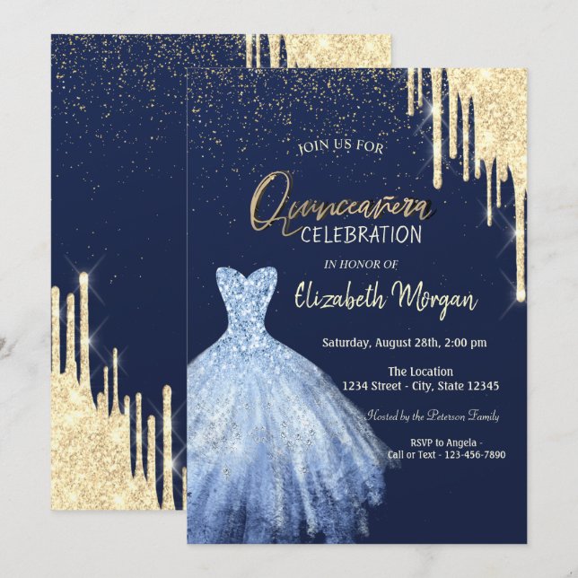 Blå Klänning Guld Glitter Dropp Quinceañera  Inbjudningar (Fram/baksida)