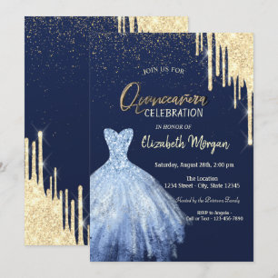 Blå Klänning Guld Glitter Dropp Quinceañera Inbjudningar