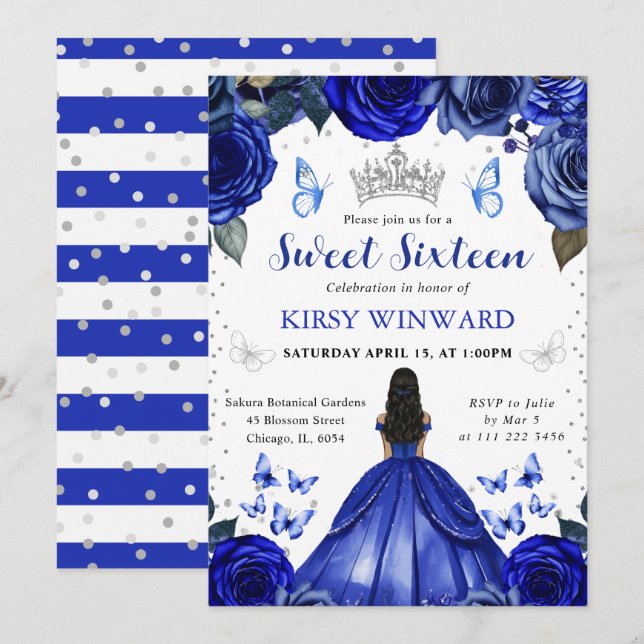 Blå Klänning Mörk Hy Prinsessa Sweet 16 Inbjudningar (Fram/baksida)