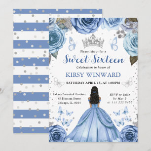 Blå Klänning Mörk Hy Prinsessa Sweet 16 Inbjudningar