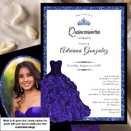 Blå Klänning och Tiara Anpassad Foto Quinceanera Inbjudningar