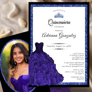 Blå Klänning och Tiara Anpassad Foto Quinceanera Inbjudningar