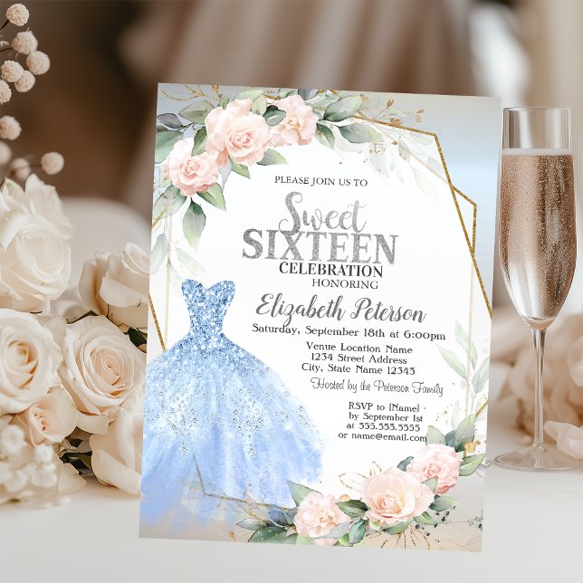 Blå klänning, Rosa rosor Ram Silver Sweet 16  Inbjudningar (Skapare uppladdad)