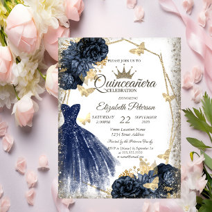 Blå klänning, Rosor, Gyllene fjärilar Quinceañera Inbjudningar