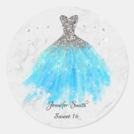 Blå klänning silver glitter sweet sixteen runt klistermärke
