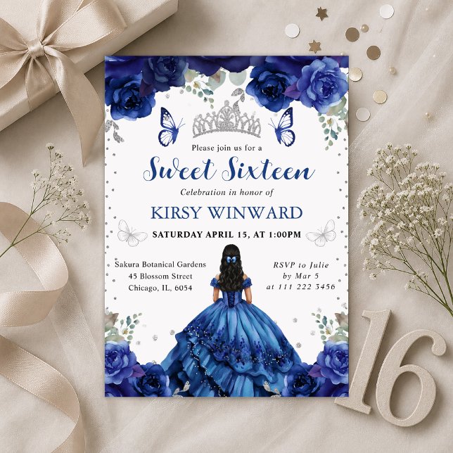 Blå klänning Svart hår Prinsessa Sweet 16 Inbjudningar (Skapare uppladdad)