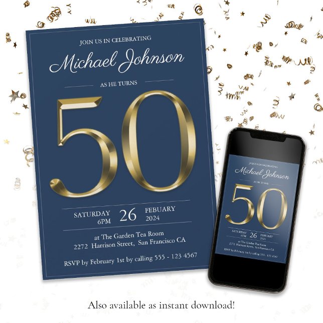 Blå klass i Solid Guld, 50:e Födelsedagsfesten Inbjudningar (Solid Gold 50th Birthday Navy Blue Classy Party Invitation)