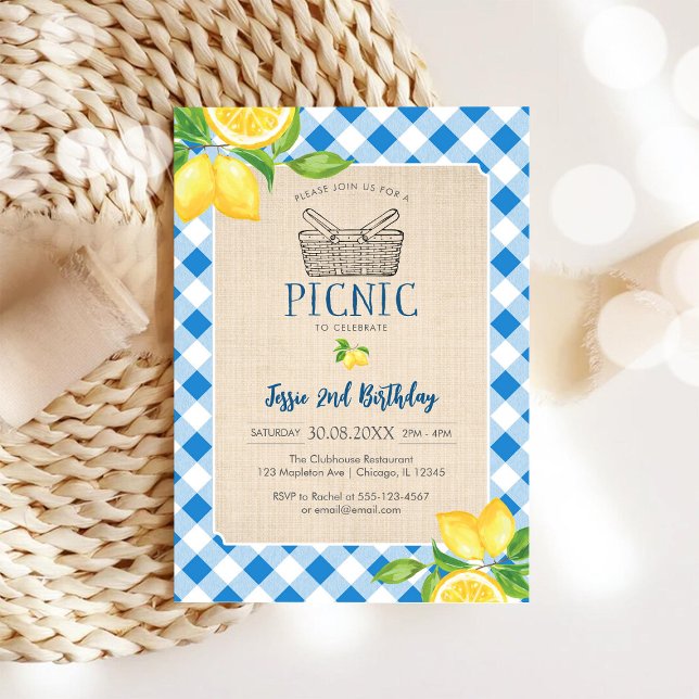 Blå klassisk picknick födelsedagsinbjudan inbjudningar (Skapare uppladdad)