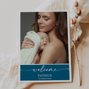 Blå klassisk välkomstbaby fotomeddelandekort inbjudningar