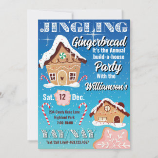 Blå klingande pepparkaksgård julinbjudan inbjudningar
