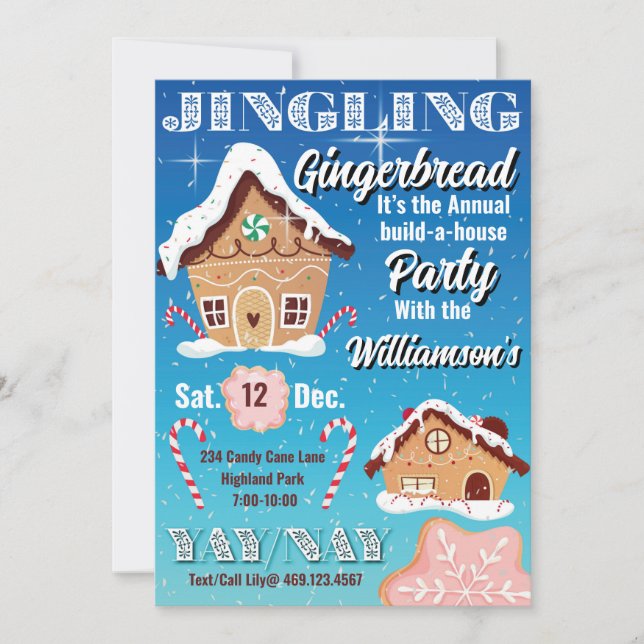 Blå klingande pepparkaksgård julinbjudan inbjudningar (Framsida)