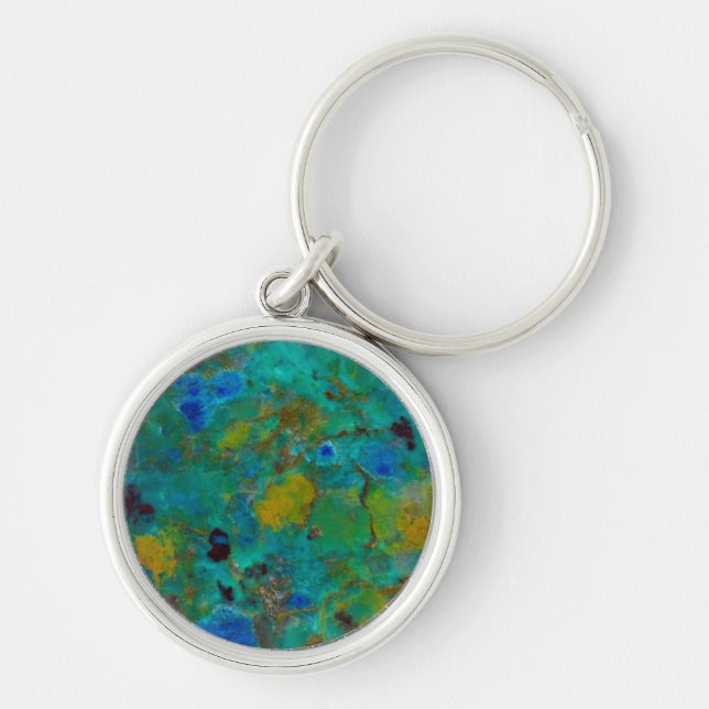 Blå klipp Chrysocolla Rund Silverfärgad Nyckelring (Framsidan)