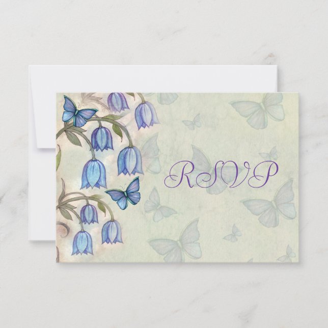 Blå klocka fjärilar vårblommig bröllops-RSVP OSA Kort (Framsida)