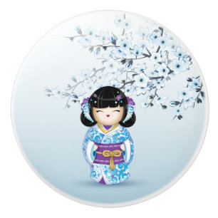 Blå Kokeshi Doll Cherry Blommar Ceramic Knob Knopp
